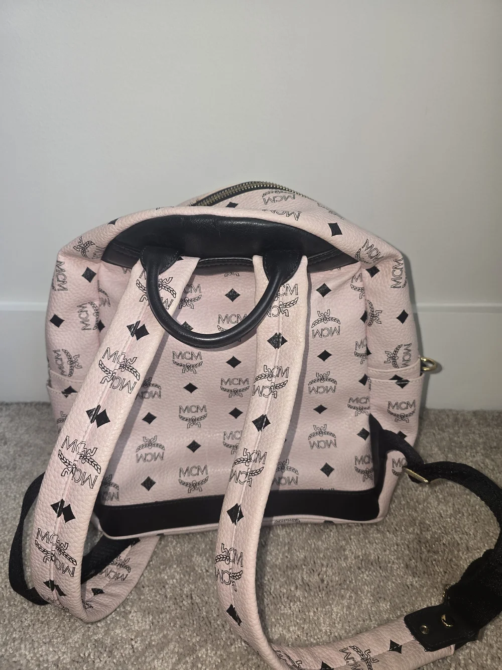 MCM Pink Visetos Studded Leather Backpack